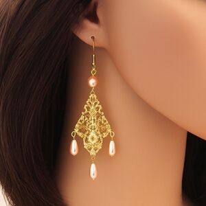 Gold Filigree Design Long Beads Drop Dangle Earrings Women Jewelry #6